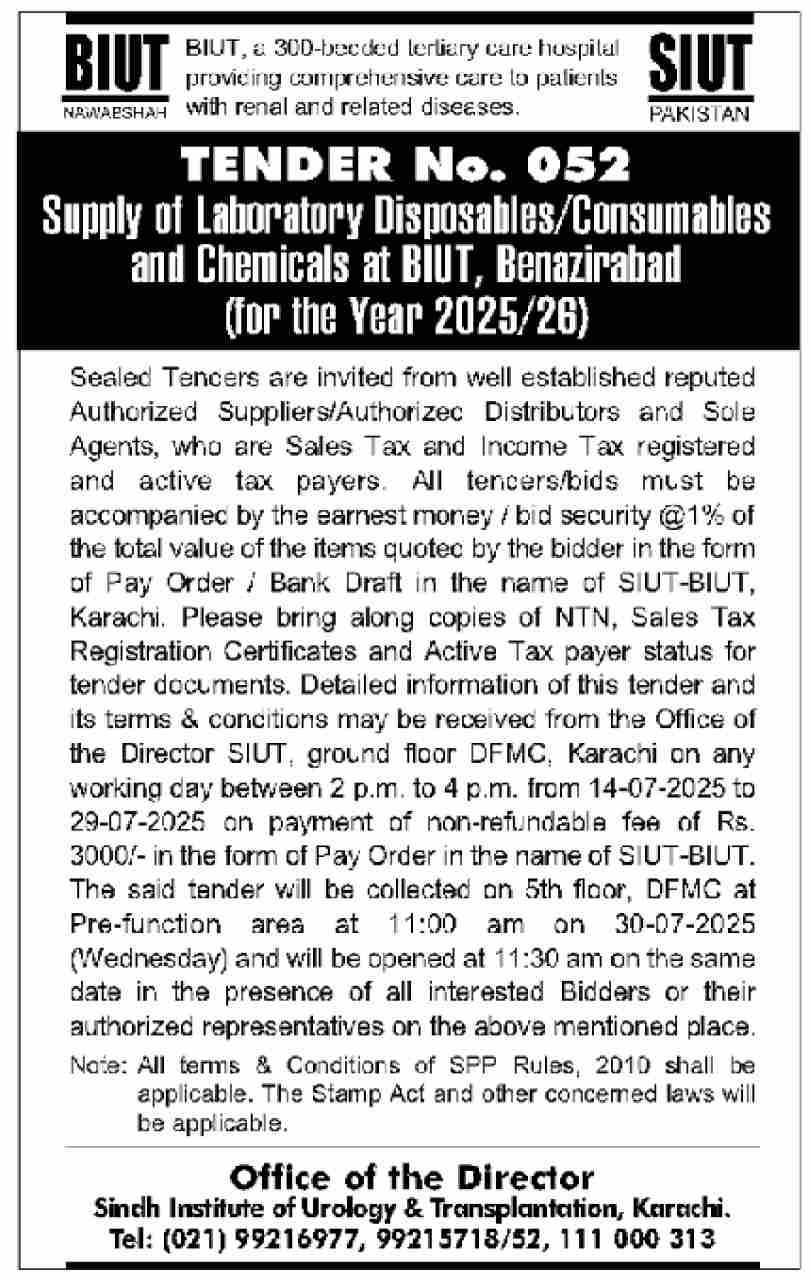 Sindh Institute of Urology & Transplanation Karachi Tender Notice